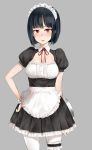  1girl absurdres apron arm_behind_back bangs black_dress black_hair blush breasts cowboy_shot dress eyebrows_visible_through_hair frilled_apron frills grey_background hand_on_hip highres holding holding_tray leewh1515 leg_garter looking_at_viewer maid maid_headdress medium_breasts mole mole_under_eye original pantyhose parted_lips puffy_short_sleeves puffy_sleeves red_eyes short_hair short_sleeves simple_background solo tray waist_apron white_legwear 