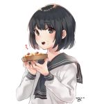  /\/\/\ 1girl :o bangs black_eyes black_hair black_neckerchief blunt_bangs blush butter copyright_request dated eyebrows_visible_through_hair food food_on_face holding holding_food long_sleeves looking_at_viewer naguri neckerchief open_mouth round_teeth school_uniform serafuku short_hair signature simple_background solo tareme teeth toast upper_body white_background 