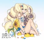  1girl animal_ears arm_garter bikini blonde_hair breasts cat_ears character_name cleavage creature dated drill_hair flower from_side fungus_(vocaloid) honey_bee_(bancoth) light_smile long_hair looking_at_viewer navel revision seeu sitting small_breasts sunflower swimsuit very_long_hair vocaloid 