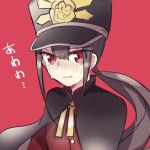  1boy black_hair blush cape commentary_request eyebrows_visible_through_hair fate/grand_order fate_(series) hat long_hair military military_hat military_uniform numachi_doromaru oda_nobukatsu_(fate/grand_order) ponytail red_background red_eyes simple_background solo teardrop tearing_up teeth uniform 