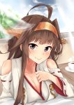  1girl 28aarts absurdres ahoge bangs bare_shoulders black_eyes blush breast_rest breasts brown_hair cleavage coffee_cup detached_sleeves double_bun drapes hairband headgear highres japanese_clothes kantai_collection kongou_(kantai_collection) large_breasts long_hair nontraditional_miko ribbon-trimmed_sleeves ribbon_trim smile solo window 