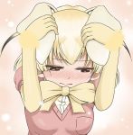  1girl animal_ears bad_anatomy blonde_hair blush bow brown_eyes commentary_request covering_ears fennec_(kemono_friends) fox_ears fur_trim gloves hands_on_own_head kemono_friends looking_away nose_blush pink_background pink_sweater puffy_short_sleeves puffy_sleeves shino_(ponjiyuusu) short_sleeves solo sweater upper_body 