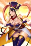  1girl beads bikini breasts brown_hair cleavage earrings fate/grand_order fate_(series) heart heart_hands highres jewelry large_breasts long_hair minami_koyogi prayer_beads purple_bikini red_eyes solo swimsuit thighs wavy_mouth xuanzang_(fate/grand_order) 