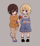  2girls bangs black_footwear blonde_hair blue_dress blue_eyes blue_footwear braid brown_eyes brown_hair brown_pants casual closed_mouth collared_dress cup darjeeling dress eyebrows_visible_through_hair flower fud full_body girls_und_panzer grey_background holding holding_flower long_sleeves looking_at_another medium_dress multiple_girls nishizumi_maho orange_shirt pants print_pants rose shirt shoes short_hair simple_background socks standing standing_on_one_leg teacup tied_hair twin_braids white_legwear younger 