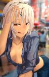  1girl :q altera_(fate) black_nails breasts dark_skin denim fate/grand_order fate_(series) i-pan jeans leaning_forward looking_at_viewer nail_polish pants red_eyes short_hair small_breasts smile solo solo_focus songkran tongue tongue_out veil wet white_hair 