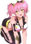  1girl all_fours breasts cleavage hair_ornament high_heels highres idolmaster idolmaster_cinderella_girls jewelry jougasaki_mika large_breasts necklace open_mouth pink_hair smile solo thigh-highs tsuntsun_(oekaki972) twintails yellow_eyes 