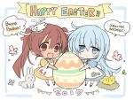  2017 2girls :d alternate_costume apron bird blue_dress blue_eyes blue_hair brown_eyes brown_hair chibi chick cyrillic dress easter easter_egg fang hammer_and_sickle hat hibiki_(kantai_collection) hizuki_yayoi italian kantai_collection libeccio_(kantai_collection) long_hair multiple_girls nest open_mouth oversized_object rabbit russian smile star twintails verniy_(kantai_collection) white_apron yellow_dress 