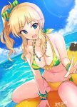  :d artist_name ashita_(2010) banana_boat bikini blonde_hair blue_eyes blue_sky bracelet breasts cleavage day dutch_angle earrings eyebrows_visible_through_hair fang gluteal_fold highres idolmaster idolmaster_cinderella_girls jewelry large_breasts lens_flare long_hair navel necklace ootsuki_yui open_mouth outdoors riding side_ponytail sidelocks sitting sky smile swimsuit w wet yellow_bikini 