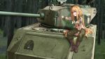  1girl absurdres ahoge blonde_hair blue_eyes boots gloves ground_vehicle highres long_hair midriff military military_vehicle motor_vehicle nanaya777 original sitting tank turret uniform vehicle 