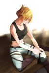  1girl abs annie_leonhardt bare_shoulders belt black_tank_top blonde_hair boots breasts colored_eyelashes dressing folded_ponytail groin highres knee_boots medium_breasts midriff shingeki_no_kyojin sitting sketch solo tank_top 