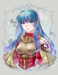  1girl artist_name blue_eyes blue_hair breastplate capelet earrings eirika fire_emblem fire_emblem:_seima_no_kouseki highres jewelry liefe long_hair looking_at_viewer shirt smile solo upper_body 