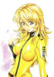  1girl blonde_hair blue_eyes bodysuit breasts breasts_apart eyebrows_visible_through_hair hair_between_eyes highres kawarajima_kou long_hair medium_breasts mori_yuki simple_background solo standing uchuu_senkan_yamato uchuu_senkan_yamato_2199 upper_body white_background 