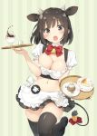 1girl :o animal_ears apron badge bell black_legwear blush bow bowtie breasts brown_eyes brown_hair button_badge cleavage cow_ears cow_girl cow_tail detached_collar extra_ears eyebrows_visible_through_hair flying_sweatdrops horns large_breasts leg_up loafers looking_at_viewer midriff navel open_mouth original peko pleated_skirt puffy_short_sleeves puffy_sleeves shoes short_sleeves simple_background skirt solo striped sweatdrop tail tail_bell tail_bow thigh-highs tray vertical-striped_background vertical_stripes waist_apron 