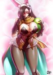  1girl abstract_background alternate_costume animal_ears black_hair blush breasts brown_eyes bursting_breasts cleavage easter_egg finger_to_mouth fire_emblem fire_emblem_heroes fire_emblem_if gloves jadenkaiba kagerou_(fire_emblem_if) large_breasts long_hair looking_at_viewer pantyhose rabbit_ears scarf solo thigh_gap thighs 
