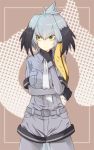  1girl bangs belt bird_tail black_gloves black_hair bodystocking breast_pocket chin_stroking closed_mouth collared_shirt cowboy_shot eyebrows_visible_through_hair fingerless_gloves gloves grey_shirt grey_shorts hand_on_own_chin hand_up japari_symbol kemono_friends long_hair looking_to_the_side low_ponytail mashita_(kuzsat) multicolored_hair necktie orange_hair pocket shirt shoebill_(kemono_friends) short_shorts short_sleeves shorts side_ponytail silver_hair solo standing white_necktie yellow_eyes 