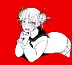  ascot bangs blood blood_on_face blunt_bangs boku_no_hero_academia cardigan double_bun fangs heart heart-shaped_pupils leaning_forward looking_at_viewer messy_hair nail_polish pleated_skirt red_background red_nails school_uniform serafuku simple_background skirt smile solo symbol-shaped_pupils toga_himiko violet_eyes yandere 
