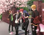  4boys aho_no_sakata animal animal_on_shoulder backpack bag black_jacket black_pants blazer blonde_hair blurry brick_wall brown_hair cardigan cherry_blossoms closed_eyes collared_shirt crest depth_of_field grin hand_in_pocket hand_on_hip hand_to_own_mouth hand_up holding_strap hood hoodie jacket looking_at_another male_focus multiple_boys necktie niconico official_art open_clothes open_jacket open_mouth outdoors pants petals purple_hair red_eyes red_sweater redhead school school_bag school_uniform senra_(singer) shima_(niconico) shirt shoes smile sneakers standing striped striped_necktie tanuki tsukimori_fuyuka urashimasakatasen urata wall watch watch white_shirt 