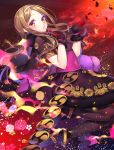  1girl absurdres black_gloves brown_eyes brown_hair capelet chacha_(fate/grand_order) fate/grand_order fate_(series) fire floral_print gloves hairband highres japanese_clothes long_hair looking_at_viewer may_(2747513627) mitsudomoe_(shape) pantyhose petals solo tomoe_(symbol) 