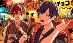  3boys 4girls aho_no_sakata banana blurry bracelet chocolate_banana depth_of_field drooling festival fireworks food food_stand fruit hair_bun holding holding_fruit japanese_clothes jewelry kimono looking_at_another male_focus mask mask_on_head mole mole_under_eye multiple_boys multiple_girls niconico obi official_art purple_hair red_eyes redhead sash shima_(niconico) sparkling_eyes takoyaki tsukimori_fuyuka violet_eyes yukata 