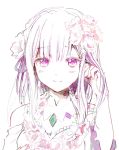  1girl adjusting_hair bare_shoulders emerald emilia_(re:zero) flower hair_between_eyes hair_flower hair_ornament hair_ribbon hand_in_hair long_hair looking_at_viewer partially_colored portrait re:zero_kara_hajimeru_isekai_seikatsu ribbon sakai_(knnkwakame) smile solo violet_eyes white_background 