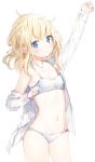  1girl arm_up blonde_hair blue_bra blue_eyes blue_panties bra breasts cowboy_shot disheveled highres long_hair looking_at_viewer navel niito off_shoulder open_clothes open_shirt panties shirt simple_background sketch small_breasts solo underwear white_background 
