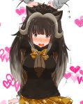  1girl animal_ears black_hair blush bow bowtie brown_eyes cow_ears fur_trim grey_hair heart highres horns kemono_friends long_hair multicolored_hair muskox_(kemono_friends) open_mouth simple_background two-tone_hair upper_body white_background 