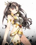  1girl :&gt; armlet asymmetrical_gloves asymmetrical_legwear bangs bare_arms bare_shoulders black_ribbon breasts bridal_gauntlets brown_hair chibirisu closed_mouth earrings elbow_gloves fate/grand_order fate_(series) female gloves gold_trim groin hair_ribbon highres hoop_earrings ishtar_(fate/grand_order) jewelry large_breasts long_hair looking_at_viewer midriff navel parted_bangs red_eyes ribbon shirt sideboob simple_background single_elbow_glove single_thighhigh sleeveless sleeveless_shirt smile solo strapless thigh-highs tohsaka_rin toosaka_rin two_side_up white_clothes white_shirt 