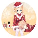  2girls arm_support bangs blonde_hair blue_eyes blush box breasts christmas closed_eyes closed_mouth commentary_request dress eyebrows_visible_through_hair fur-trimmed_dress gift gift_box hand_on_another&#039;s_head hat highres karin_(fineyanny) lap_pillow long_hair looking_at_viewer lying medium_breasts multiple_girls on_side original ponytail red_dress red_hat red_shirt ribbon-trimmed_legwear ribbon_trim santa_costume santa_hat shirt sitting smile snowman thigh-highs very_long_hair white_legwear 