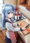  1girl :o akabane_hibame apron bangs black_skirt blue_eyes blue_hair borscht_(food) cabinet carrot cooking counter cutting_board eyebrows_visible_through_hair food from_above from_side hair_between_eyes hibiki_(kantai_collection) holding holding_food holding_knife indoors kantai_collection kitchen kitchen_knife knife long_hair long_sleeves looking_at_viewer looking_to_the_side open_mouth pink_apron pleated_skirt pot school_uniform serafuku shirt skirt solo stove verniy_(kantai_collection) white_shirt window wooden_floor 