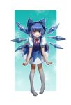  1girl :t absurdres bent_over blue_dress blue_eyes blue_hair blush cirno dress fairy_wings full_body hair_ribbon highres ice ice_wings kneehighs looking_at_viewer pout puffy_sleeves ribbon short_hair short_sleeves solo touhou white_legwear wings xiaxia 