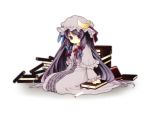  1girl bad_id book bookmark crescent crescent_hair_ornament eruga eruga_(nano123) expressionless hair_ornament hat looking_at_viewer mob_cap patchouli_knowledge purple_hair sitting solo touhou violet_eyes 