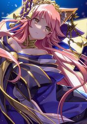  1girl animal_ears bell breasts cleavage collarbone fate/extra fate/extra_ccc fate/grand_order fate_(series) fox_ears fox_tail hair_ribbon japanese_clothes large_breasts long_hair multiple_tails ne-on outdoors pink_hair ribbon solo tail tamamo_(fate)_(all) tamamo_no_mae_(fate) tears very_long_hair yellow_eyes 