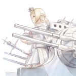  1girl bare_shoulders blonde_hair blue_eyes braid cannon crown dress french_braid globus_cruciger hairband jewelry kantai_collection long_hair long_sleeves machinery mini_crown necklace nogiguchi_kohiro off-shoulder_dress off_shoulder scepter simple_background solo standing turret warspite_(kantai_collection) white_background 