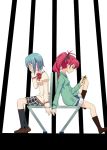  10s 2girls back-to-back bench blue_hair crying mahou_shoujo_madoka_magica miki_sayaka multiple_girls pinky_swear ponytail red_eyes redhead sakura_kyouko school_uniform short_hair sitting sorakujira_(pixiv) soul_gem 