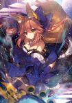  &gt;:/ 1girl animal_ears bare_shoulders blue_bow blue_legwear bow breasts brown_eyes chocoan choker cleavage closed_mouth fate/extra fate_(series) fox_ears fox_tail hair_bow long_hair looking_at_viewer medium_breasts pink_hair revision solo tail tamamo_(fate)_(all) tamamo_no_mae_(fate) thigh-highs twintails yellow_eyes 