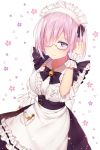  1girl absurdres alternate_costume apron artist_request blush closed_mouth dress enmaided eyebrows_visible_through_hair fate/grand_order fate_(series) frills glasses hair_over_one_eye highres light_particles lips looking_at_viewer maid maid_apron maid_headdress one_eye_covered puffy_sleeves purple_hair ribbon shielder_(fate/grand_order) short_hair short_sleeves solo violet_eyes waist_apron white_background wrist_cuffs 