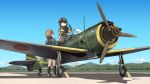  2girls aircraft airfield airplane belt brown brown_hair clouds forest gesture gloves goggles highres ki-43_hayabusa looking_at_another mountain multiple_girls nature open_mouth original propeller sitting sky standing tokihama_jirou twintails world_war_ii 