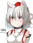  1girl animal_ears artist_name bare_shoulders blush breasts dated detached_sleeves fang hat hell.k inubashiri_momiji looking_away lowres medium_breasts pom_pom_(clothes) red_eyes short_hair sideboob signature silver_hair simple_background solo tokin_hat touhou white_background wolf_ears 