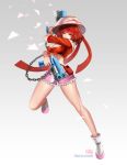  1girl absurdres artist_name breasts character_request cleavage dual_wielding dungeon_and_fighter finger_on_trigger front-tie_top full_body gradient gradient_background gun hair_ribbon hat highres holster large_breasts midriff ravaniz red_eyes redhead ribbon short_shorts shorts solo weapon 