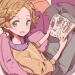  1girl :d aikatsu! beige_shirt blue_eyes braid brown_hair hair_ornament kuroboshi_kouhaku looking_at_viewer magazine open_magazine open_mouth pants pillow shinjou_hinaki shirt short_hair sitting sketch smile solo star star_hair_ornament 