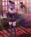  1boy 1girl bare_shoulders beard belt book boots buttons coat facial_hair fate/grand_order fate_(series) flat_chest frilled_boots frills hat helena_blavatsky_(fate/grand_order) highres k_ryo military military_uniform mustache peaked_cap purple_hair short_hair skirt thigh-highs uniform violet_eyes 