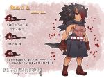  1girl abs animal_ears bandaged_hands black_hair bloodborne boots breasts character_name dark_skin frown hair_over_one_eye kemono_friends looking_at_viewer monster_girl multicolored_hair muscle muscular_female parody personification red_eyes scarf shorts sideboob solo spiky_hair streaked_hair symbol-shaped_pupils tail tank_top toned translation_request wolf_ears wolf_girl wolf_tail yagi_mutsuki 