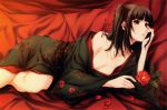  1girl absurdres adjusting_hair bangs bed_sheet black_hair blunt_bangs blush breasts cartagra cleavage floral_print flower hair_ribbon highres japanese_clothes kimono large_breasts lipstick long_hair lying makeup nagomibako no_bra off_shoulder official_art on_side petals ponytail ribbon rin_(cartagra) scan side_ponytail smile solo sugina_miki violet_eyes 