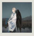  1boy black_wings copyright_request daitengu expressionless fan field hjl japanese_clothes looking_at_viewer male_focus night night_sky onmyoji outdoors paper_fan reflection signature sky solo tengu water white_hair wide_sleeves wings 