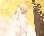  1boy autumn blonde_hair cat looking_up natsume_takashi natsume_yuujinchou nyanko shirt smile standing suihou tree 