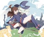  2girls arm_behind_back bangs blue_eyes blue_sky blush boots broom broom_riding brown_hair carrying collared_shirt diana_cavendish dress floating full_body hat highres kagari_atsuko legs little_witch_academia long_hair long_sleeves looking_at_another multiple_girls open_mouth princess_carry qiongsheng shirt short_dress sidelocks sitting sky surprised wavy_mouth white_hair witch_hat yuri 