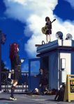  4girls black_hair book brown_hair cigarette clouds glasses guitar highres instrument long_hair multiple_girls original redhead rooftop school_uniform shiro_ymko short_hair sky smoking twintails 