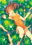  1girl animal_ears bare_legs barefoot breasts brown_hair butterfly closed_eyes dress eyebrows_visible_through_hair highres katou_itsuwa long_hair open_mouth outdoors outstretched_hand scratches short_dress small_breasts solo strap_slip torn_clothes torn_dress twintails 