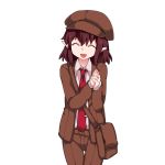  1girl :d ^_^ bag blazer brown_blazer brown_hair brown_hat brown_shorts cabbie_hat closed_eyes collared_shirt facing_viewer flat_chest forbidden_scrollery hammer_(sunset_beach) hands_clasped hat highres jacket necktie no_wings open_mouth pointy_ears shameimaru_aya shirt short_hair shorts shoulder_bag smile solo tie_clip touhou 