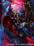  1boy aless_(fire_emblem) armor armored_boots blonde_hair boots brown_eyes cape clover_k company_connection copyright_name detached_sleeves fire_emblem fire_emblem:_seisen_no_keifu fire_emblem_cipher gloves glowing glowing_weapon holding holding_weapon male_focus night night_sky official_art riding short_hair sky sword weapon 